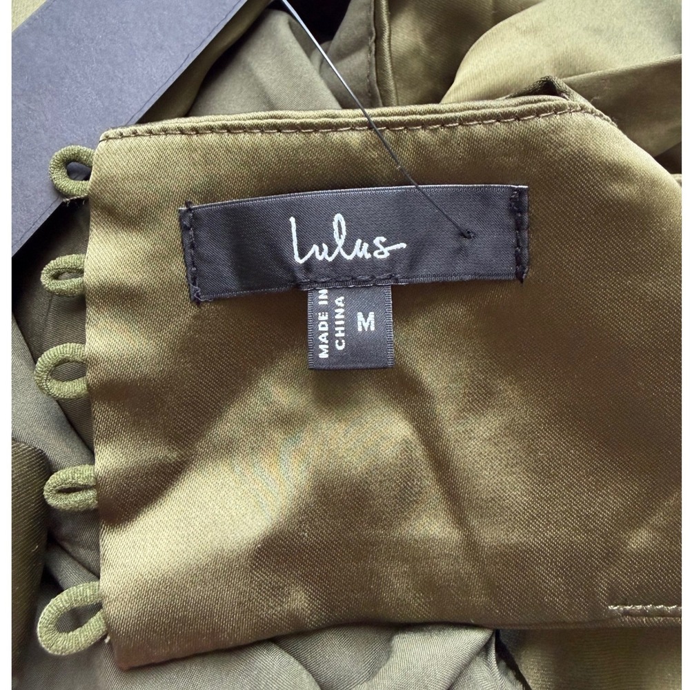 Lulus Olive Satin Plunge Midi Dress Medium NWT Wedding Guest Formal Size M - Picture 6 of 7